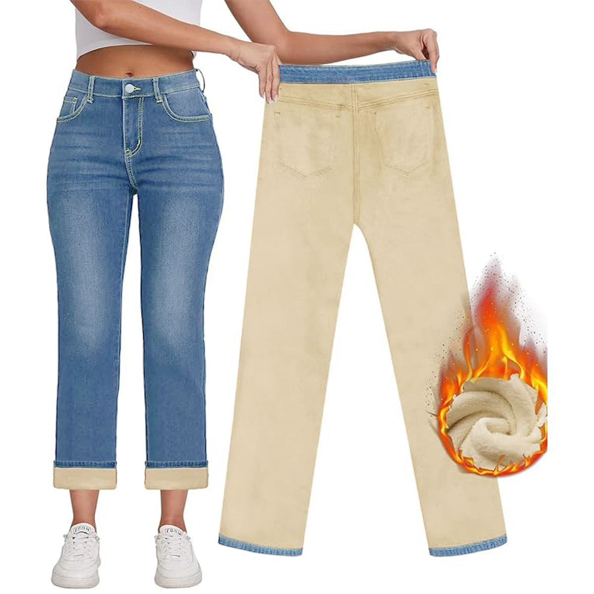 Pantalones vaqueros ajustados con forro grueso y cálido para mujer de TECCULI, talla 78, perfectos para el invierno.