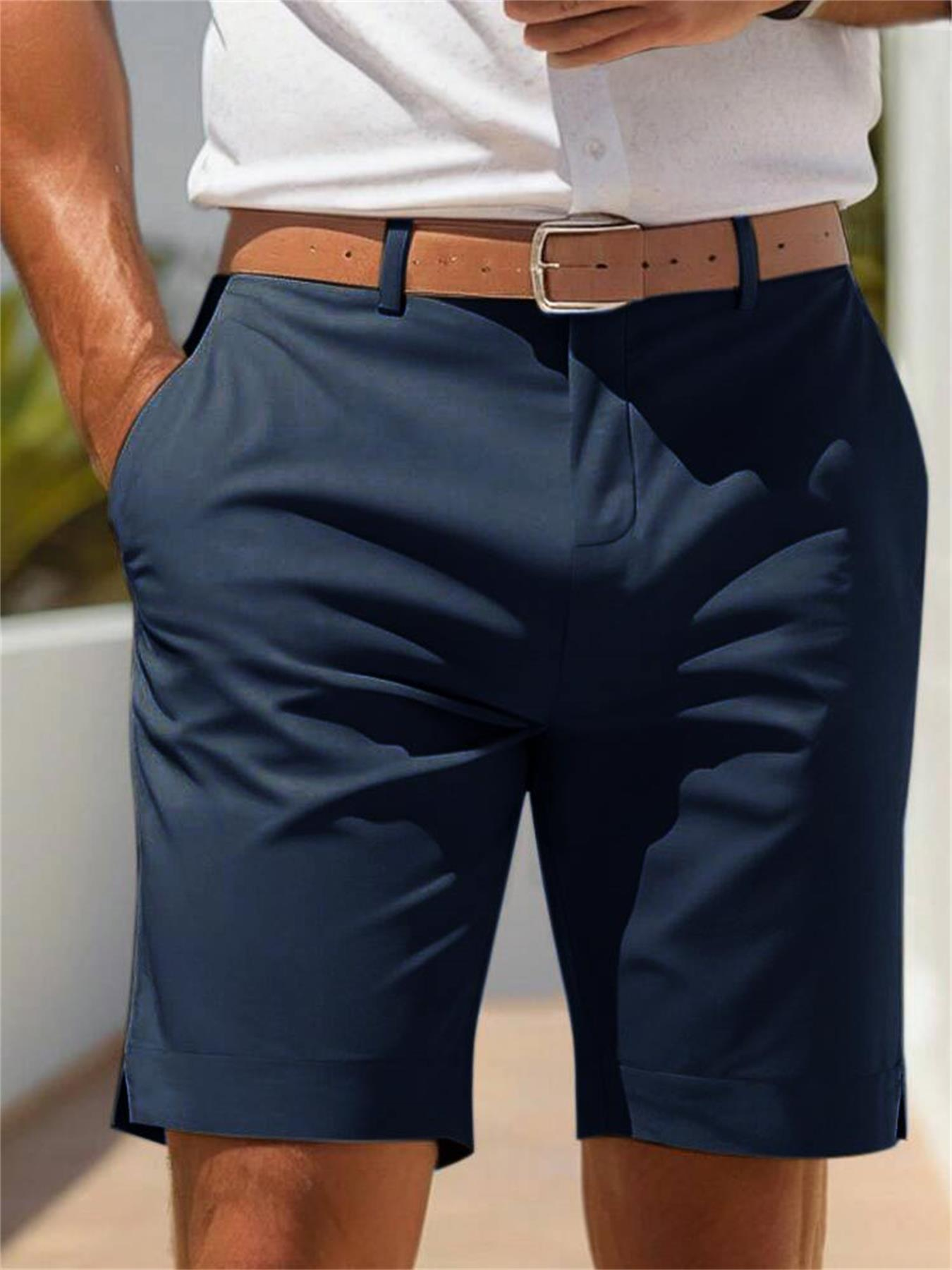 Shorts TECCULI para hombre, formales y cotidianos, cintura elástica de tiro medio y pierna recta. Ideales para oficina, fin de semana y vacaciones. Shorts de poliéster de fácil cuidado. Ropa profesional e informal, ajuste cómodo.
