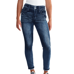 TECCULI Women's Embroidered Flip Pocket Flared Jeans, Retro Casual Pants, College Style
