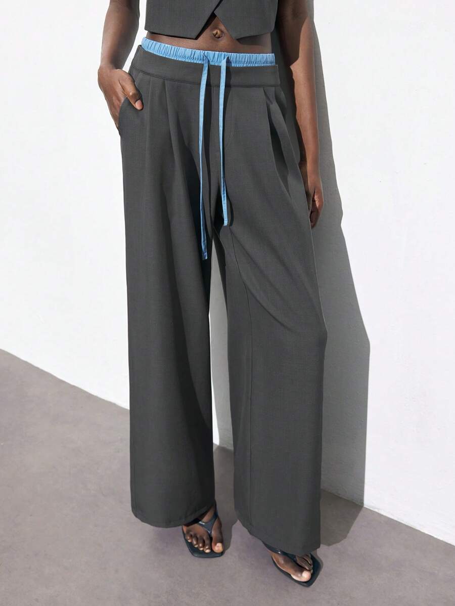 Maija 2025 Verano Nuevo Tejido Mixto Cintura Cordón, Diseño Lazo Pantalones Rectos, Adecuados Para Festivales De Música, Playas, Vacaciones, Casual, Vacaciones Románticas En La Ciudad, Salidas, Bodas, Atuendo De Graduación Fo