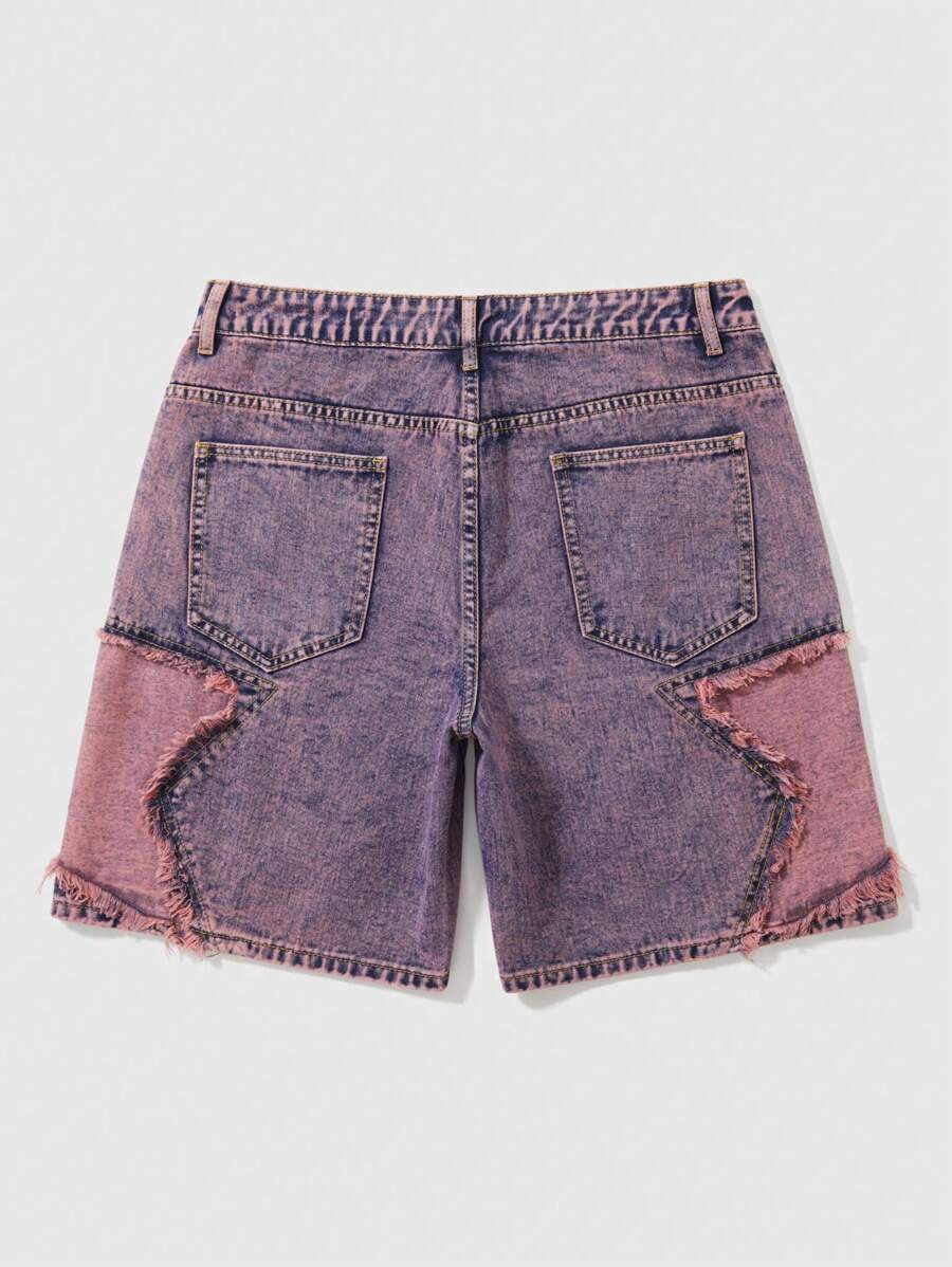 ROMWE MEN Street Life - Pantalones cortos vaqueros casuales versátiles con bolsillo y flecos de estrella de cinco puntas para hombre