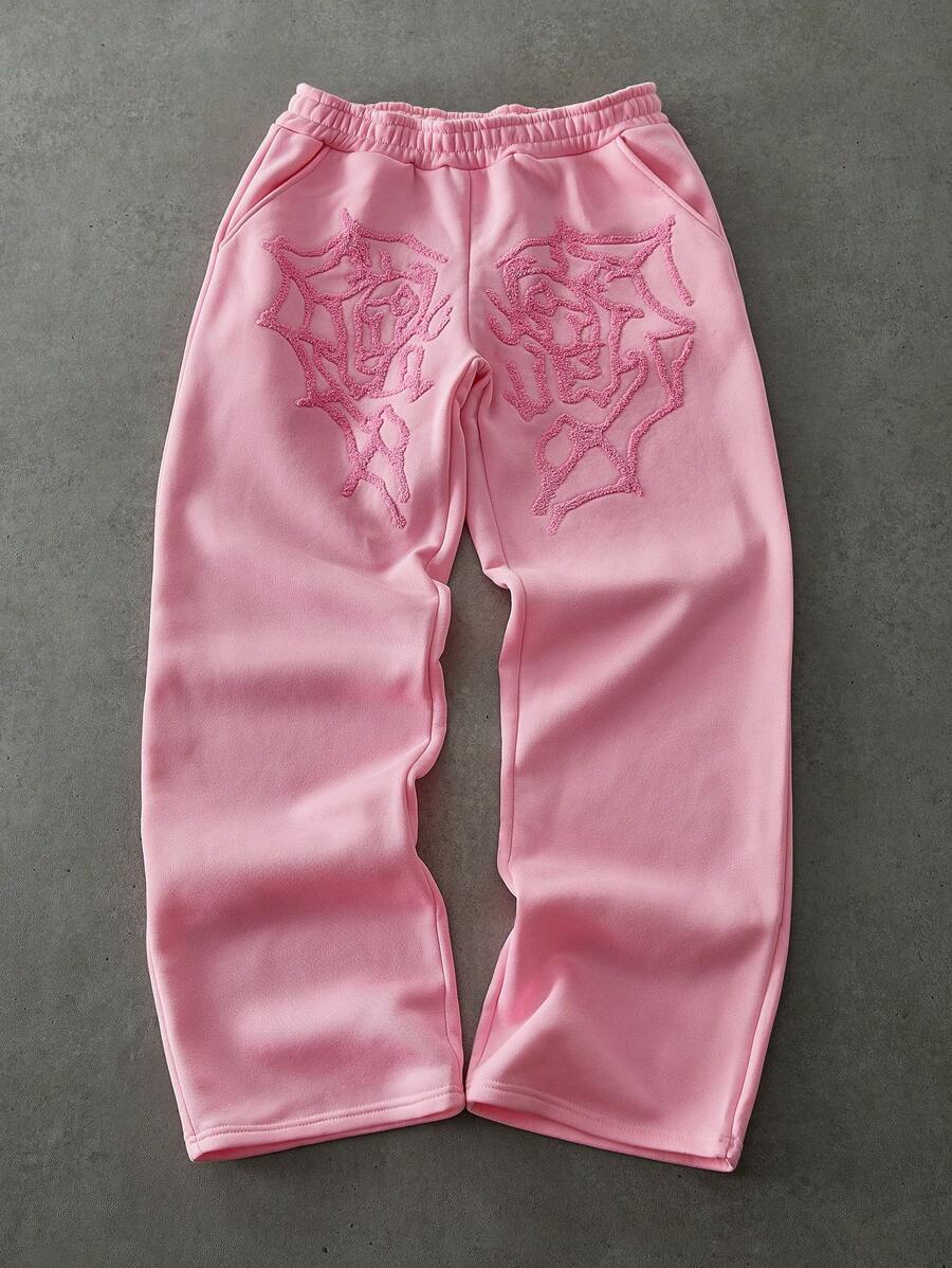 Pantalones deportivos Manfinity Streetrush para hombre, estilo urbano juvenil, con bordado 3D de corazón creativo y telaraña rosa. Diseño de bordado gráfico extragrande.