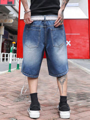 Bermudas Manfinity EMRG para hombre, de mezclilla de lavado medio, con detalle de cordones blancos y bolsillos, estilo vanguardista.