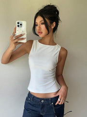 Blusa negra sin mangas con cuello redondo, lazo y espalda descubierta para mujer de Aloruh