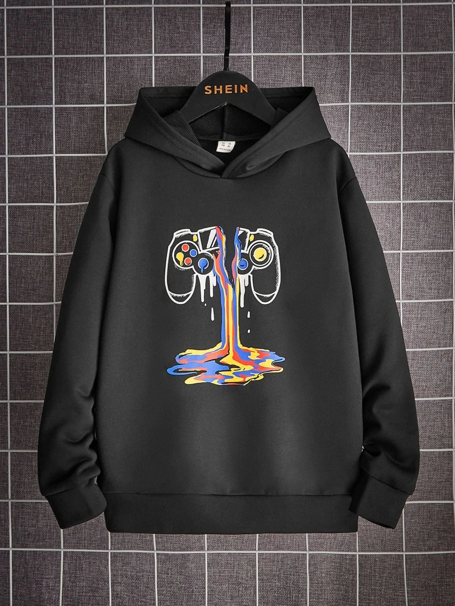 Sudadera con capucha y hombros caídos con estampado de gamepad para niño preadolescente