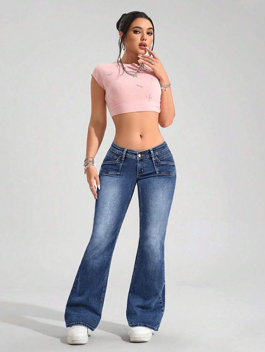 Vaqueros casuales ajustados con pierna acampanada y colores contrastantes para mujer de EZwear