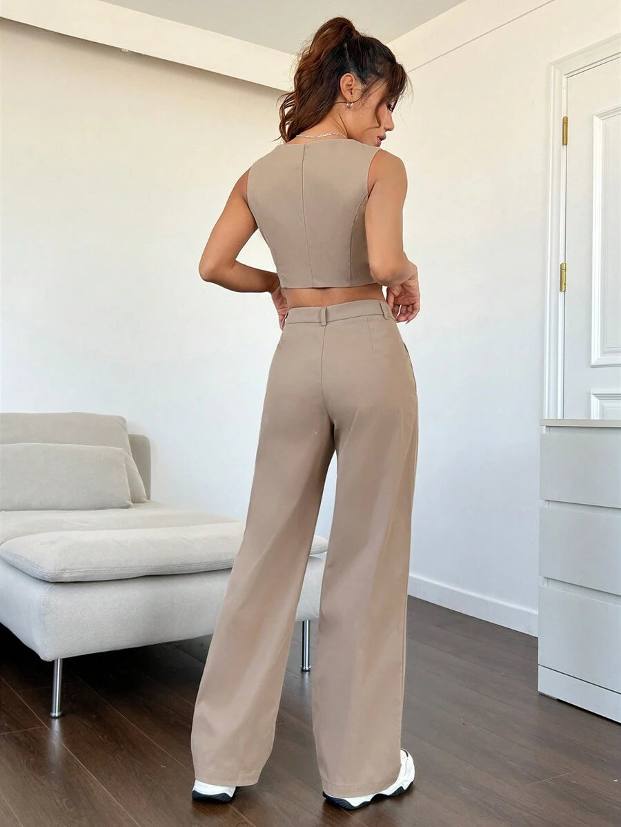 Conjunto de traje de lino de verano para mujer de EZwear, con chaleco y pantalón largo holgado, de un solo pecho y color liso