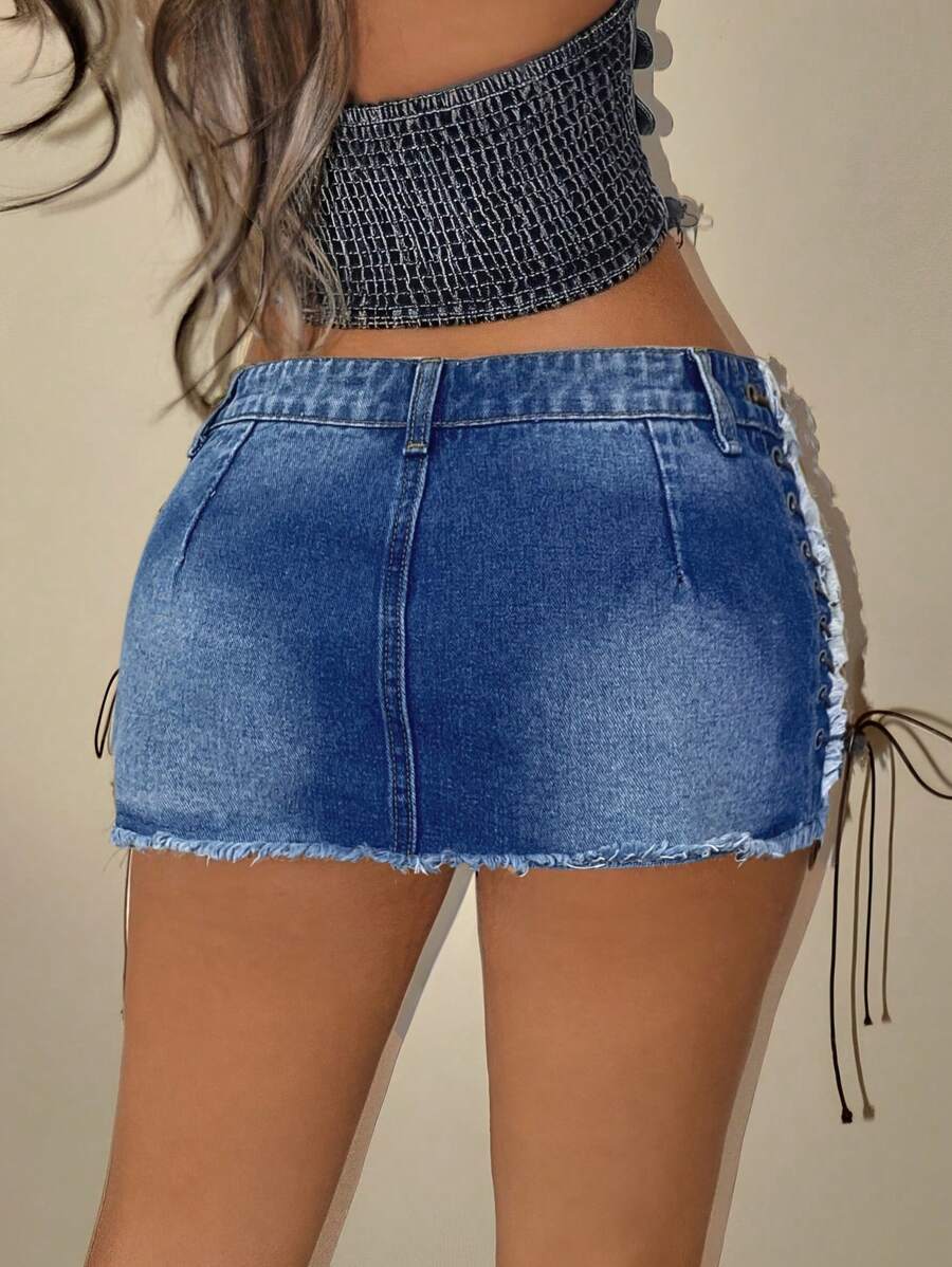 Falda vaquera corta ultracorta con lazo, estilo sexy, estilo años 2000, para mujer