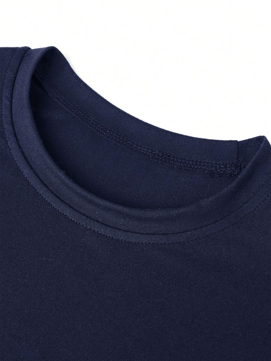 Camiseta informal de manga corta con cuello redondo y estampado de letras azules para niño preadolescente, verano