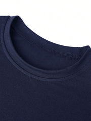 Camiseta informal de manga corta con cuello redondo y estampado de letras azules para niño preadolescente, verano