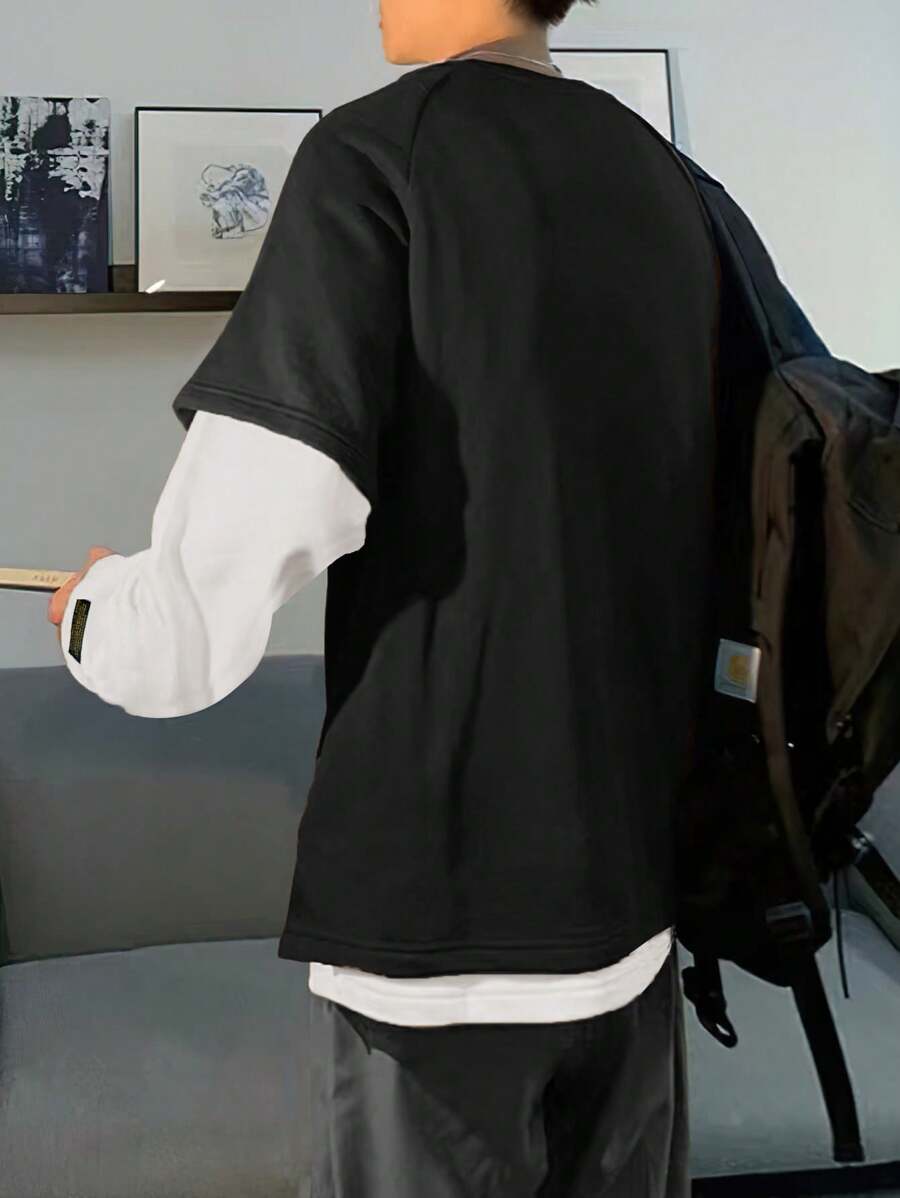 Sudadera informal 2 en 1 de manga raglán larga con parches de letras y bloques de color para hombre de Manfinity Hypemode, para salir