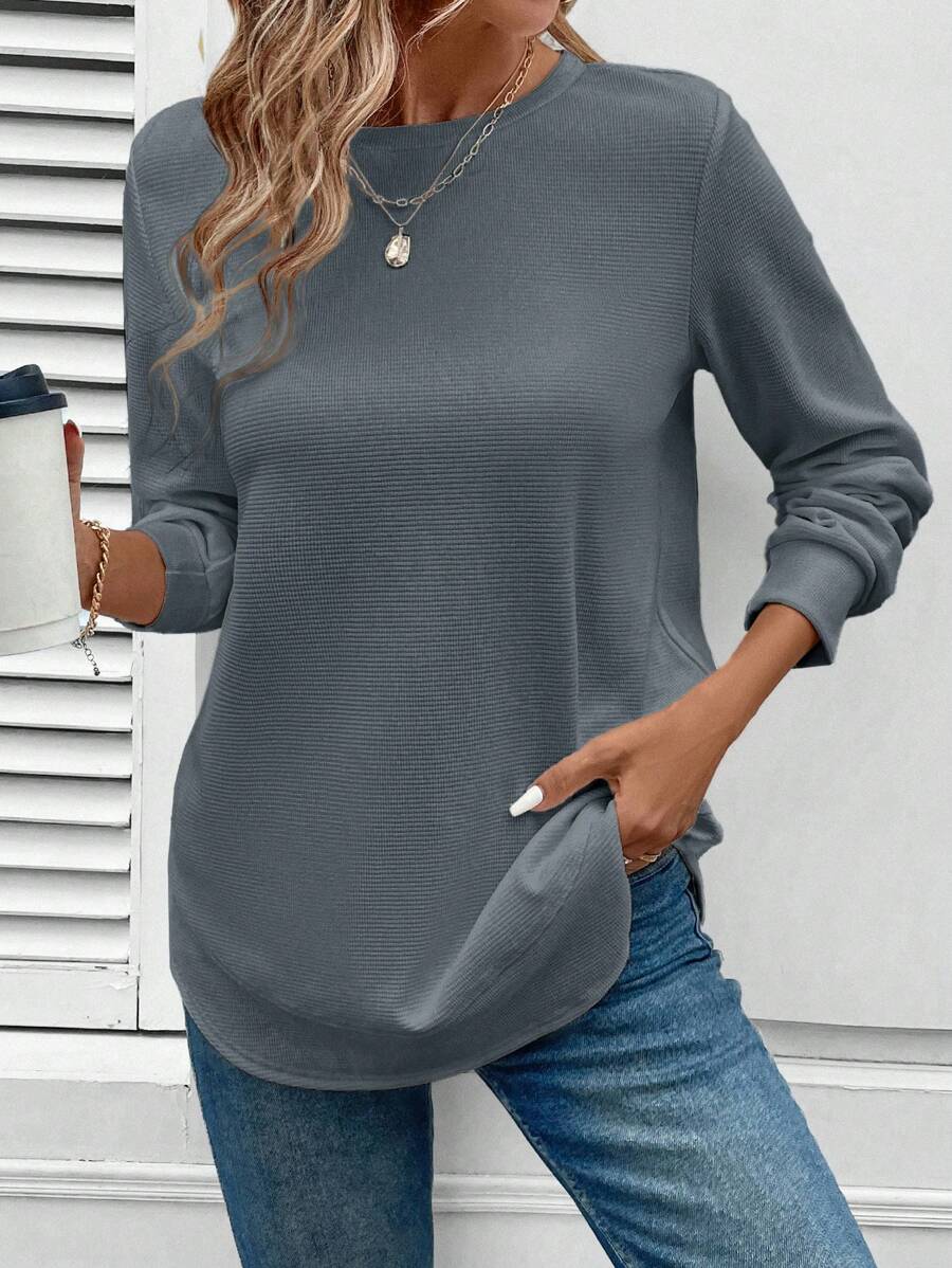 Sudadera LUNE de cuello redondo, dobladillo asimétrico, tejido con textura de gofre, silueta básica, informal y cómoda, para mujer, tops de manga larga