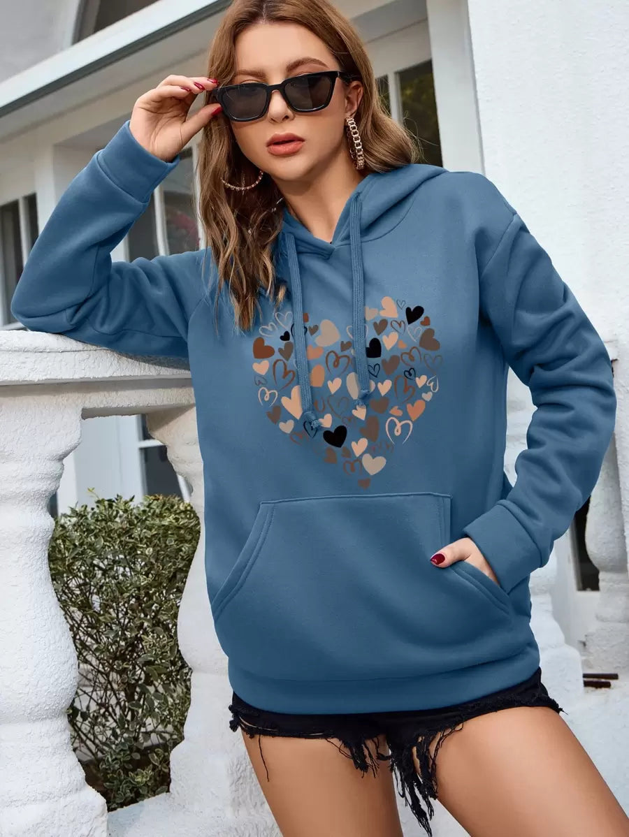Sudadera térmica con capucha y cordón ajustable en los hombros, bolsillo tipo canguro y estampado de corazón de INAWLY, manga larga