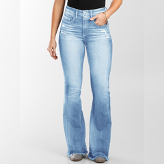 Vaqueros TECCULI vintage lavados con doble cintura y pierna acampanada para mujer, ideales para ir al trabajo en otoño.