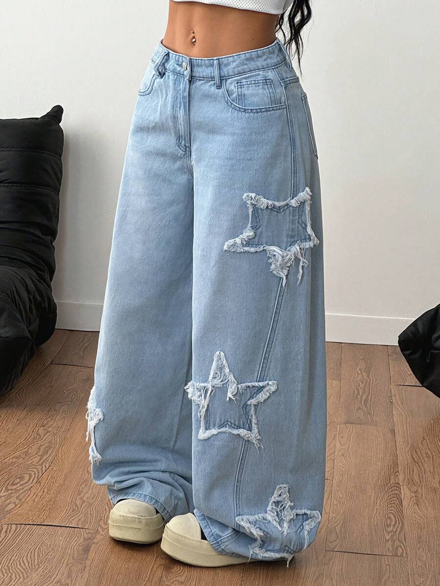 Vaqueros lavados Coolane para mujer, estilo rapero, estilo deportivo, estilo grunge con estampado de estrellas