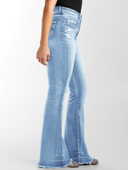 Vaqueros TECCULI vintage lavados con doble cintura y pierna acampanada para mujer, ideales para ir al trabajo en otoño.