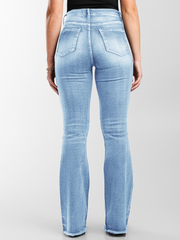 Vaqueros TECCULI vintage lavados con doble cintura y pierna acampanada para mujer, ideales para ir al trabajo en otoño.