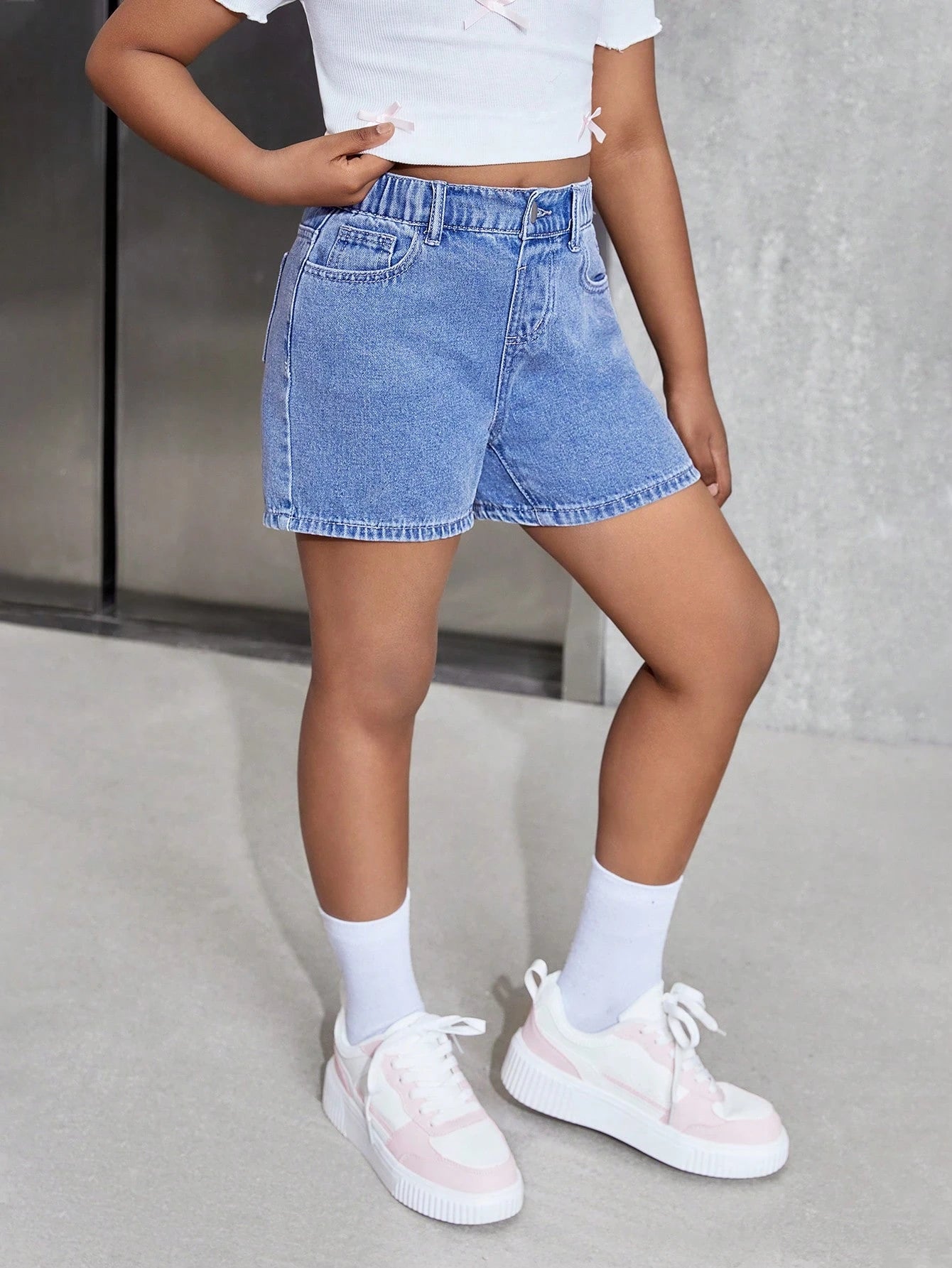 Shorts vaqueros minimalistas informales para niñas preadolescentes, uso diario