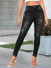 Vaqueros pitillo negros rotos TECCULI para adolescentes, con cintura alta, cierre de cremallera y elegantes detalles desgastados, perfectos para la calle.