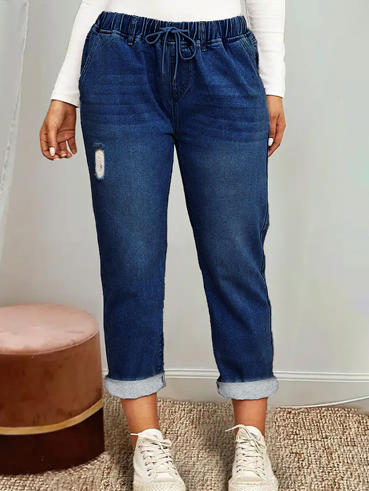 Pantalones largos de mezclilla lavada con cintura elástica para mujer de TECCULI, ideales para ir al trabajo y para uso informal, otoño.