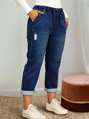 Pantalones largos de mezclilla lavada con cintura elástica para mujer de TECCULI, ideales para ir al trabajo y para uso informal, otoño.