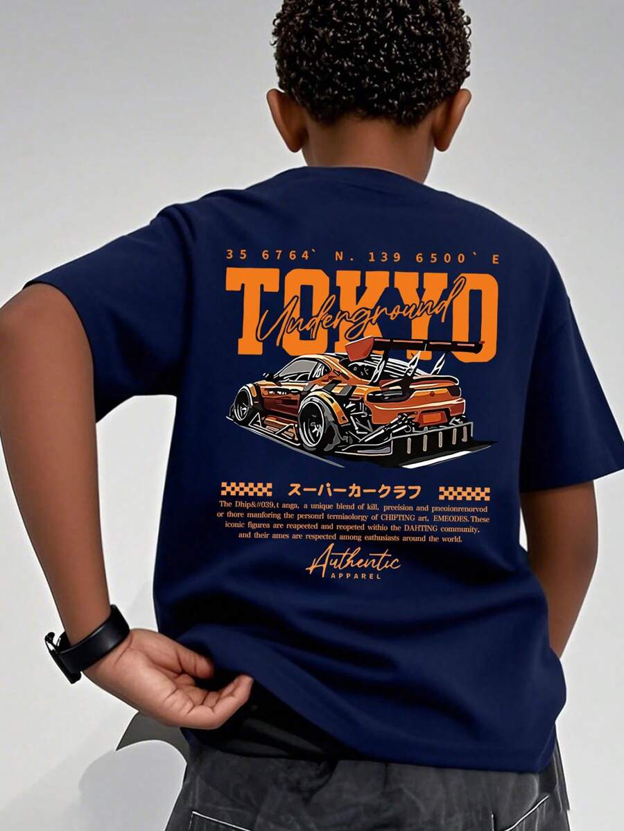 Camiseta de manga corta con estampado de coche, ideal para preadolescentes y estudiantes de verano.