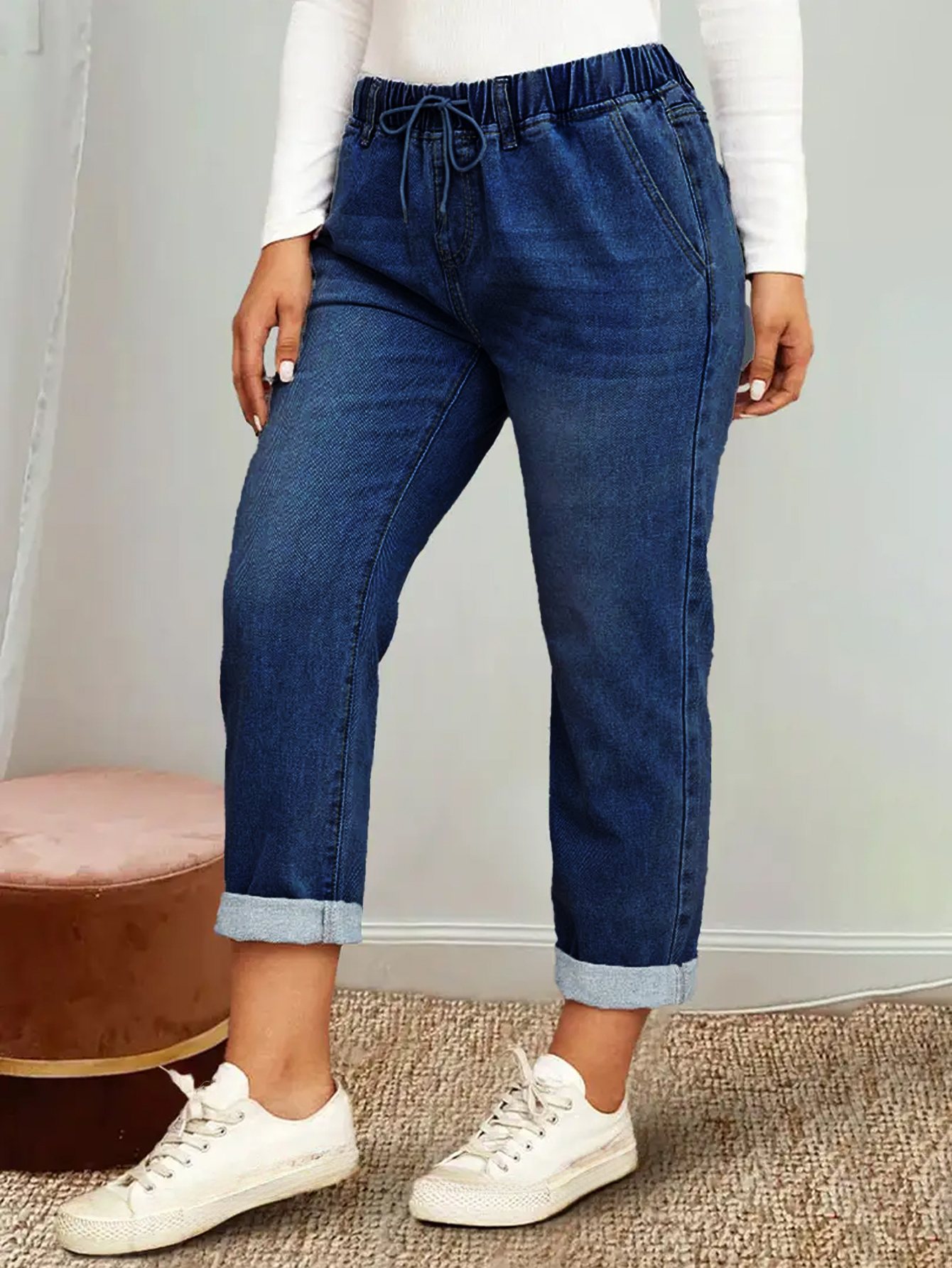 Pantalones largos de mezclilla lavada con cintura elástica para mujer de TECCULI, ideales para ir al trabajo y para uso informal, otoño.