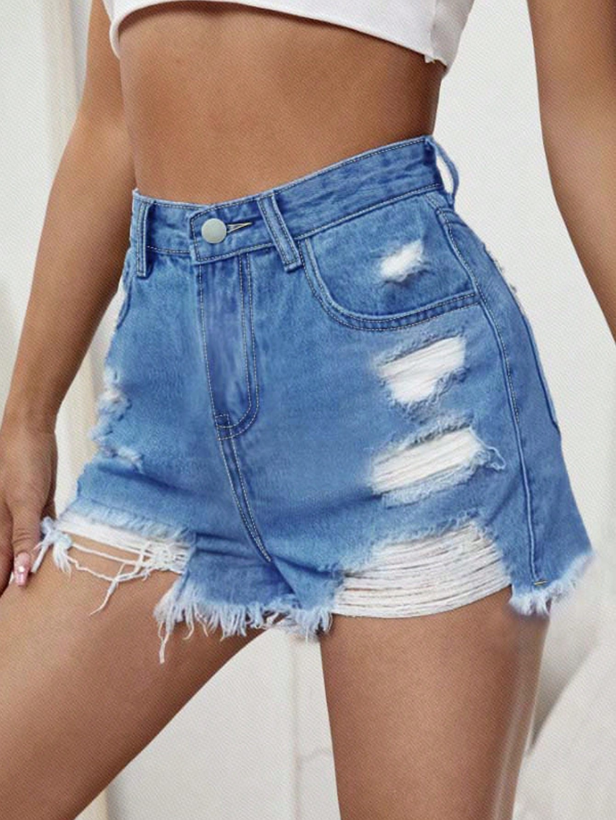 TECCULI - Pantalones cortos vaqueros desgastados, ajustados, asimétricos e inelásticos con hebilla para mujer