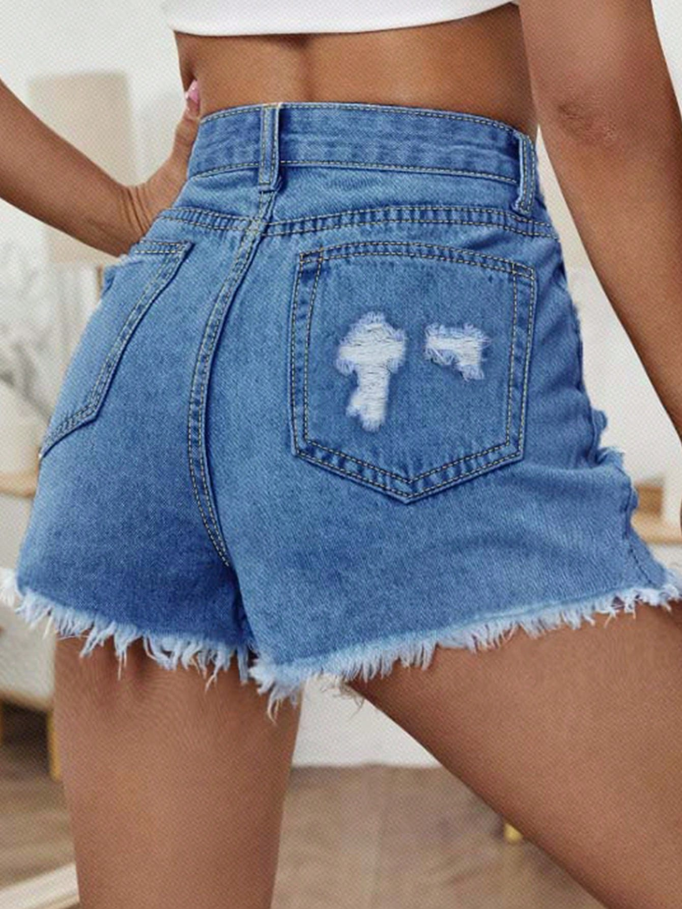 TECCULI - Pantalones cortos vaqueros desgastados, ajustados, asimétricos e inelásticos con hebilla para mujer