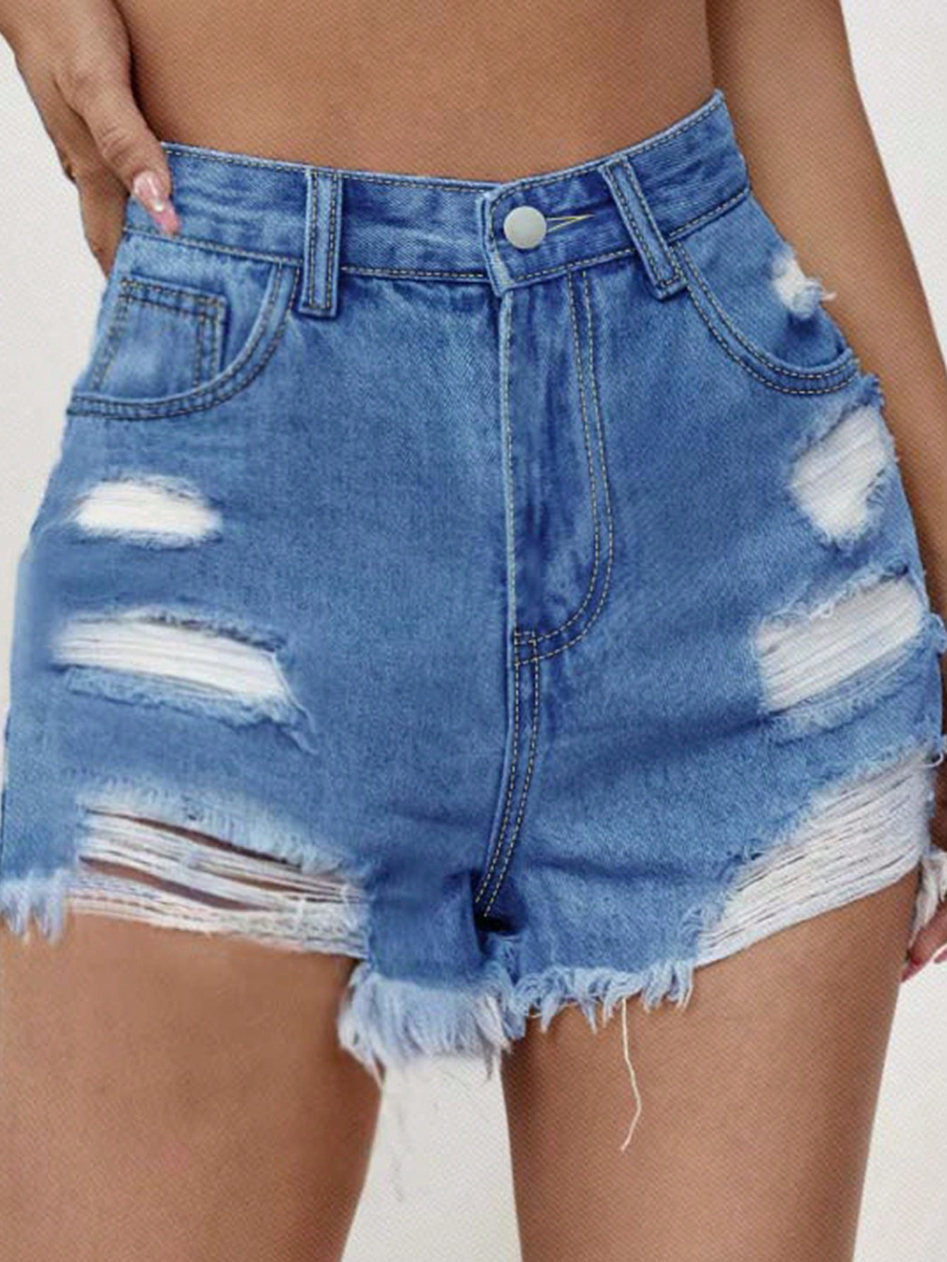 TECCULI - Pantalones cortos vaqueros desgastados, ajustados, asimétricos e inelásticos con hebilla para mujer