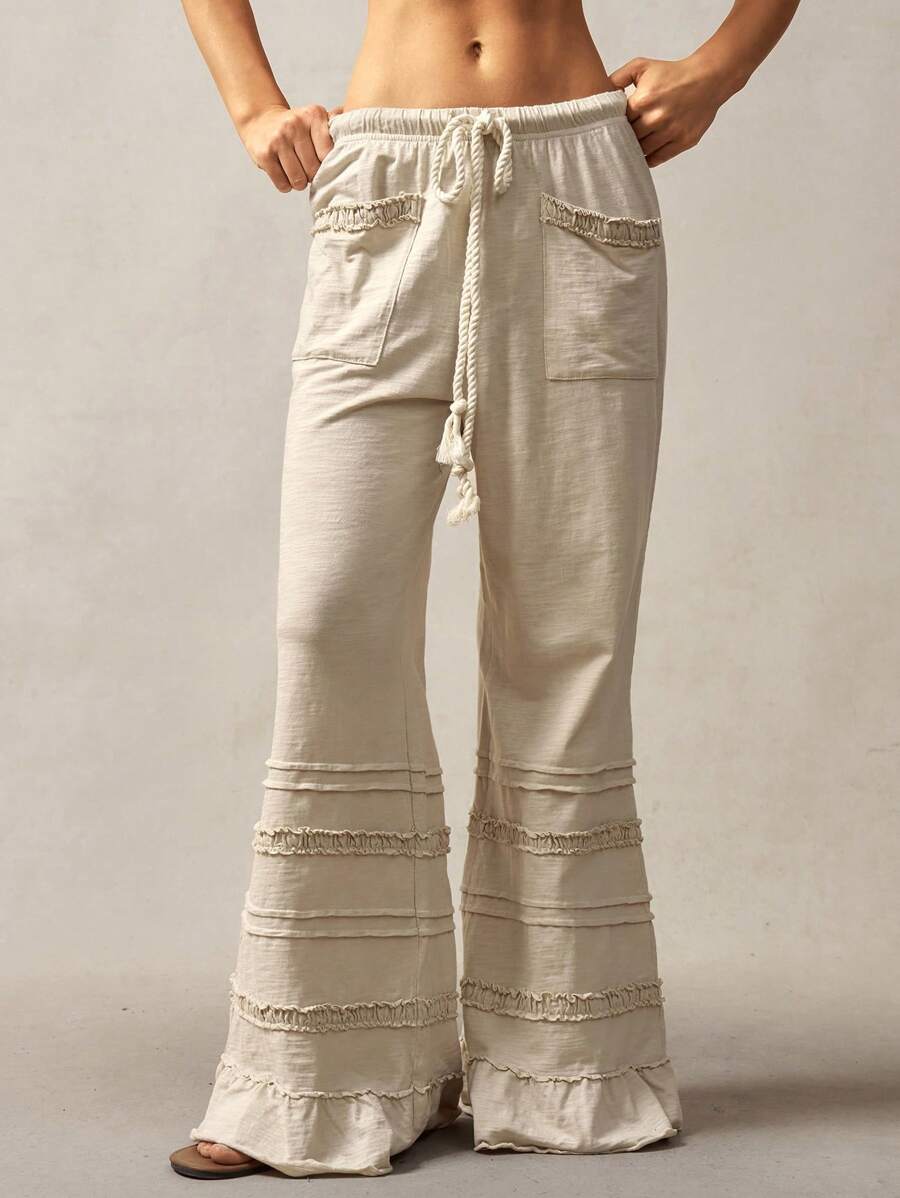 Pantalones de punto acampanados de cintura alta de color liso estilo bohemio Bohemela, primavera-verano