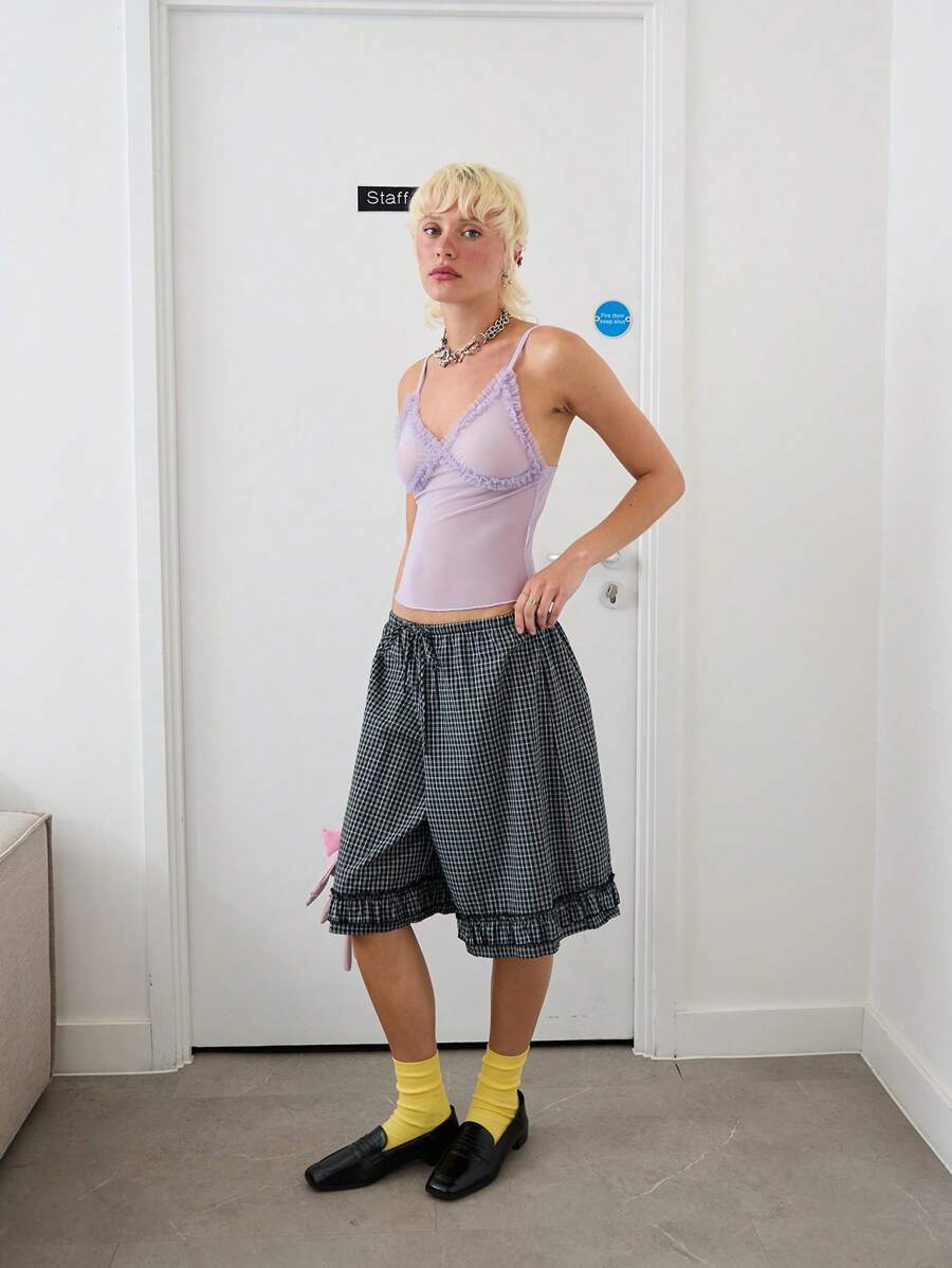 COUREZ Check Frill Bermuda Shorts Summer Outfits For Women Summer Dresses Going Out Outfits Casual Y2K Vacation Holiday 100%Cotton 100%Cotton Vintage