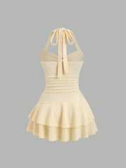 Vestido mini elegante de Sweetra para mujer, primavera-verano, ideal para vacaciones en la playa, con cuello halter, lazo frontal, busto fruncido, decoración metálica, dobladillo con volantes en capas, divertido.