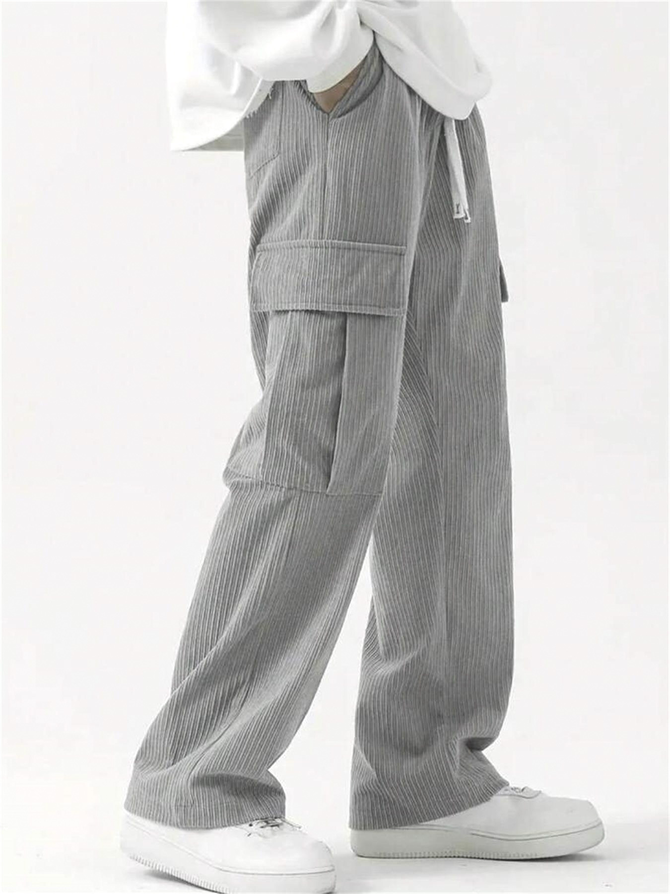TECCULI Men'S Casual Cargo Pants with Elastic Drawstring Waist & Multiple Pockets - All-Season Outdoor Comfort, Straight-Leg Regular Fit, Solid Color for Hiking, Camping, Urban Adventures, Camping Gear, Hiking Trousers, Functional Pock