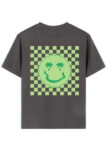 Camiseta de manga corta con estampado de palmera y cara sonriente para niño preadolescente, ideal para jugar en la playa.