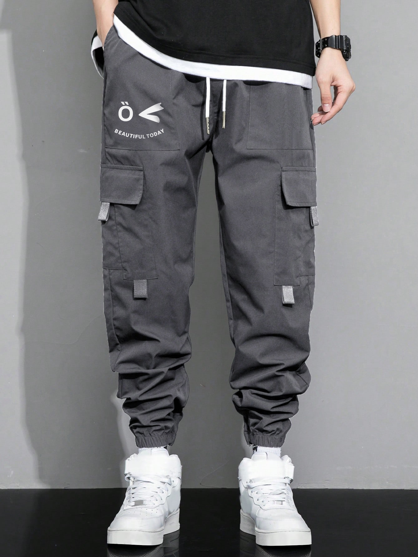 TECCULI Men's Casual Cargo Pants with Flap Pockets - Sports Style Polyester Overalls, 100% Polyester, Non-Stretch Fabric with Alphabet Pattern, All-Season Regular Length, Elastic Waist, Weekend Casual Loose-Fit - Multi-Pocket Design fo
