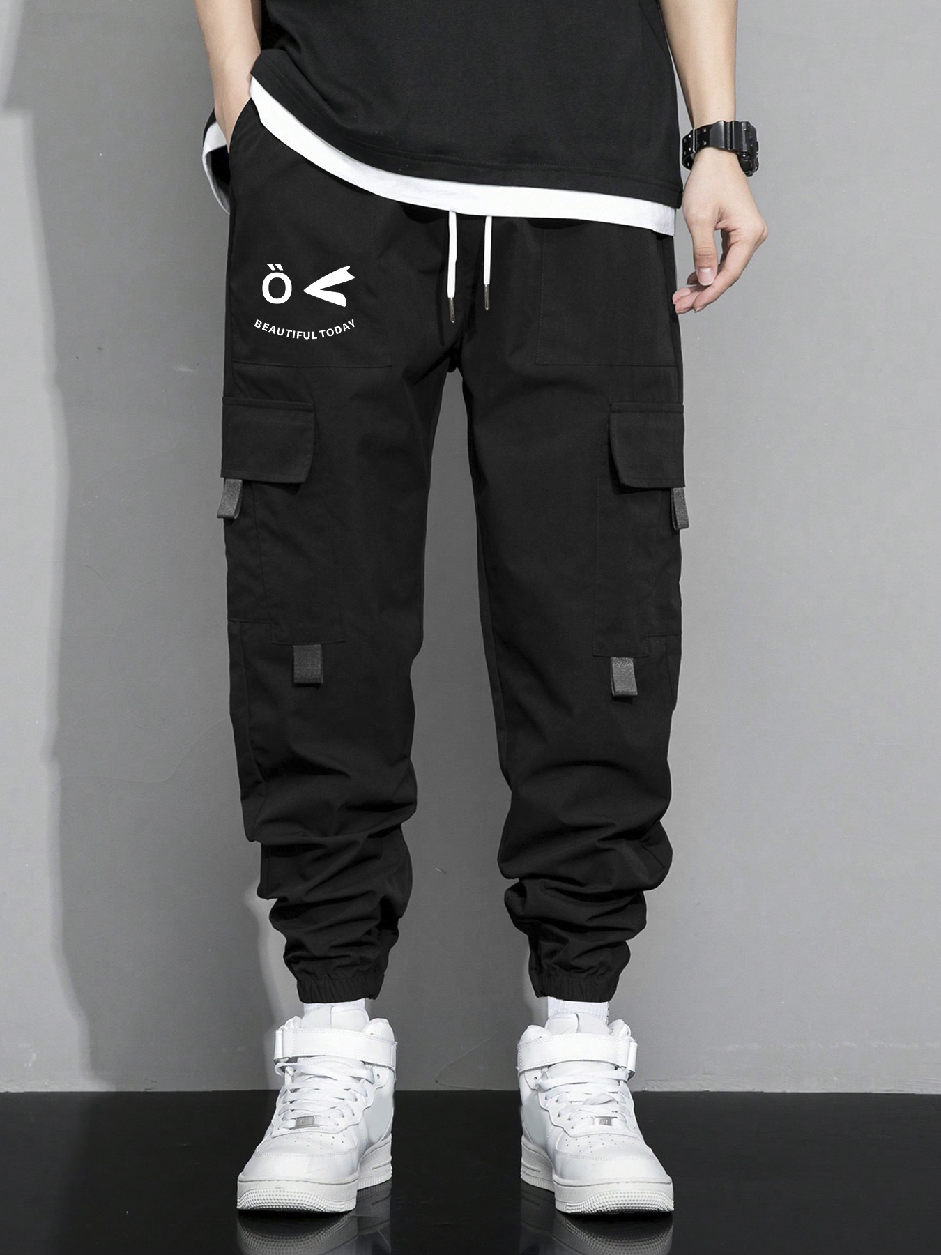 TECCULI Men's Casual Cargo Pants with Flap Pockets - Sports Style Polyester Overalls, 100% Polyester, Non-Stretch Fabric with Alphabet Pattern, All-Season Regular Length, Elastic Waist, Weekend Casual Loose-Fit - Multi-Pocket Design fo