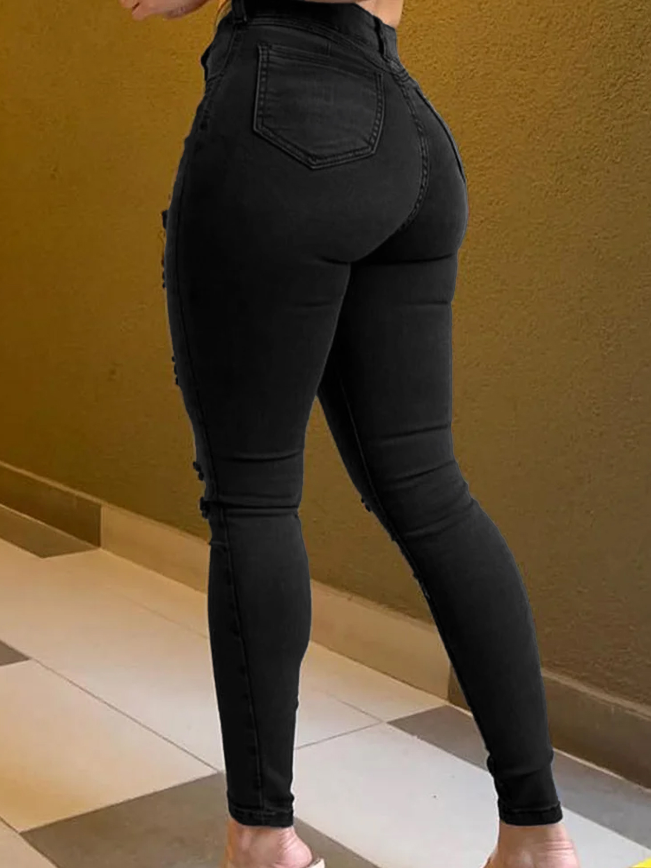TECCULI - Vaqueros negros rotos para mujer, ajustados, elásticos, con realce y agujeros, informales, sexys y a la moda