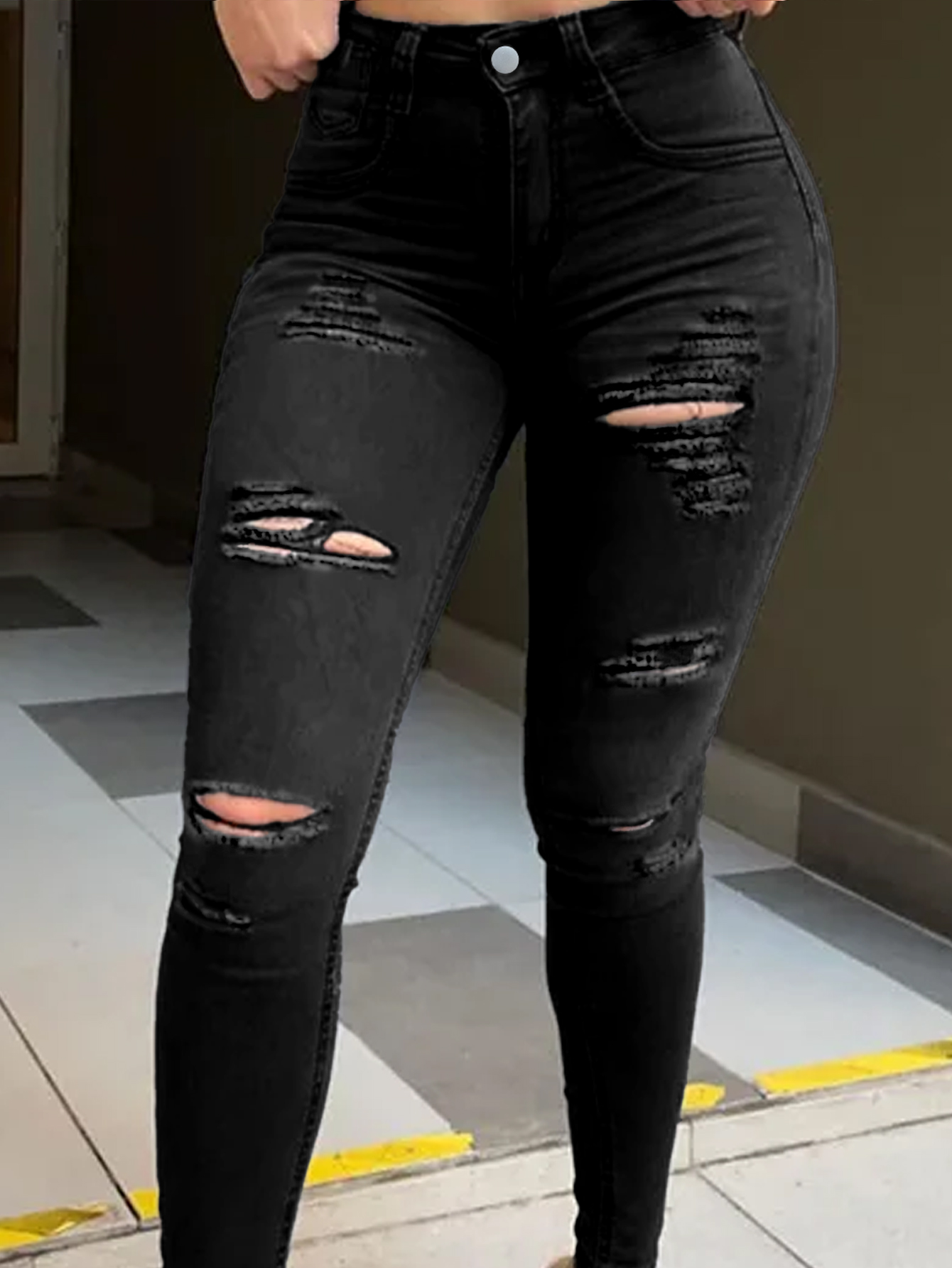 TECCULI - Vaqueros negros rotos para mujer, ajustados, elásticos, con realce y agujeros, informales, sexys y a la moda