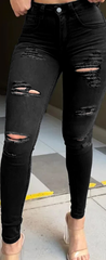 TECCULI - Vaqueros negros rotos para mujer, ajustados, elásticos, con realce y agujeros, informales, sexys y a la moda