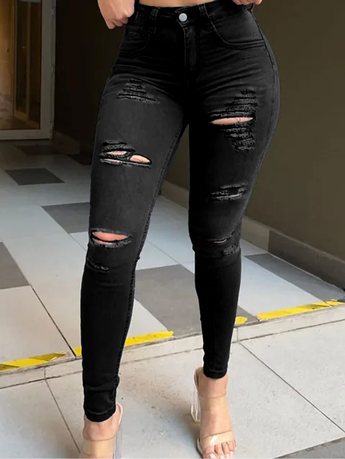 TECCULI - Vaqueros negros rotos para mujer, ajustados, elásticos, con realce y agujeros, informales, sexys y a la moda