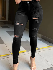 TECCULI - Vaqueros negros rotos para mujer, ajustados, elásticos, con realce y agujeros, informales, sexys y a la moda