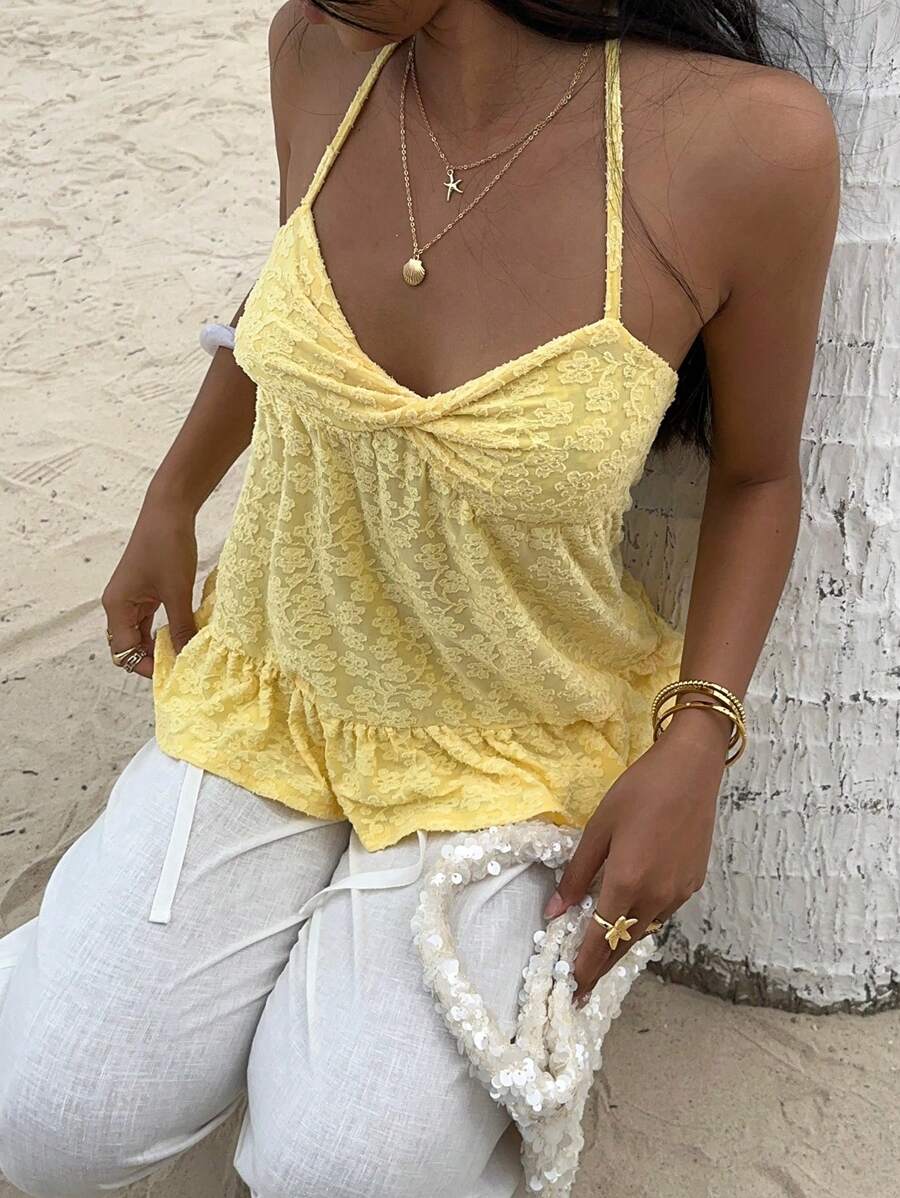 Camiseta sin mangas Sunnyshic de color liso con cuello halter para mujer, moderna para el verano