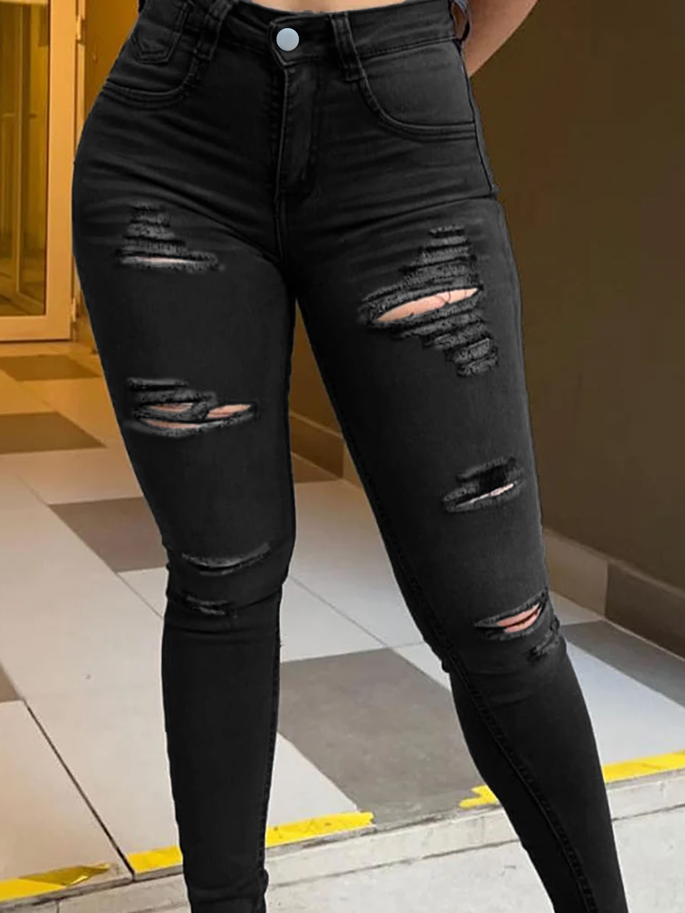 TECCULI - Vaqueros negros rotos para mujer, ajustados, elásticos, con realce y agujeros, informales, sexys y a la moda