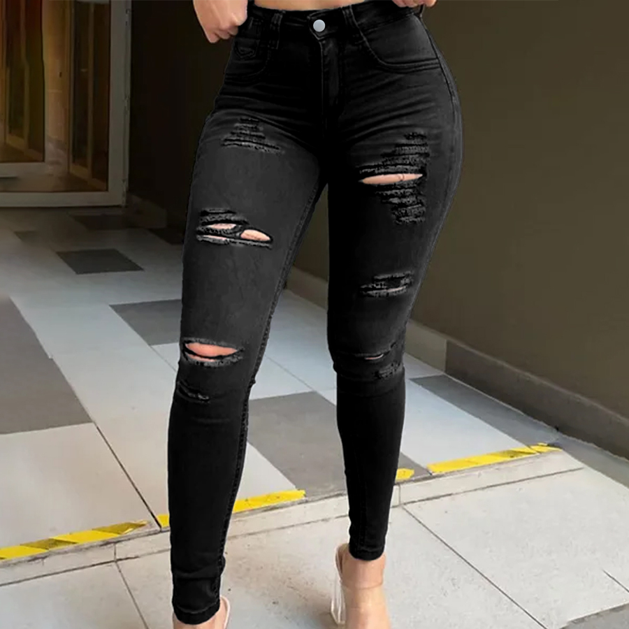 TECCULI - Vaqueros negros rotos para mujer, ajustados, elásticos, con realce y agujeros, informales, sexys y a la moda