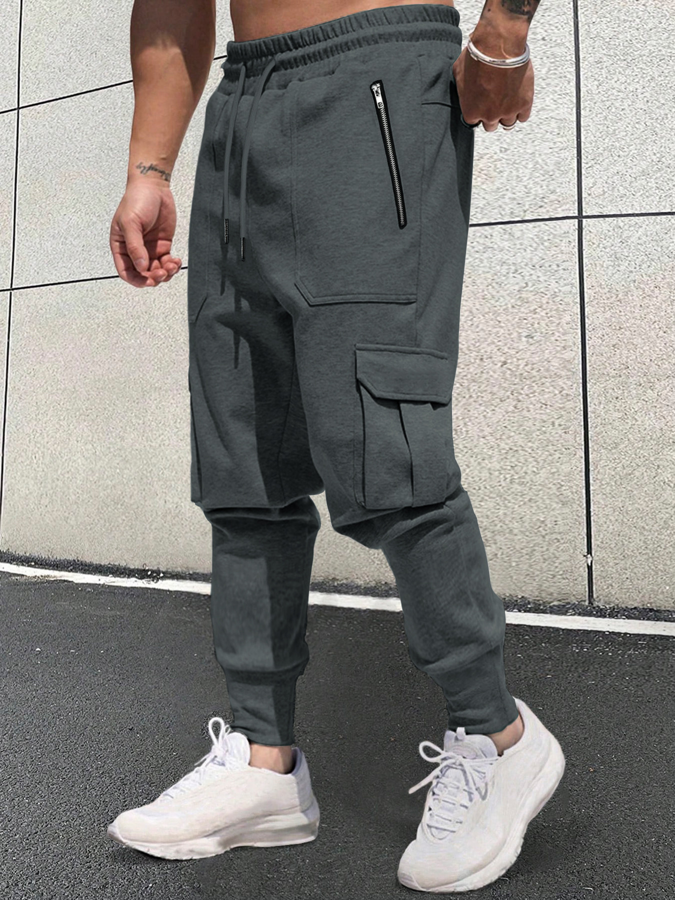 Pantalones deportivos TECCULI Manfinity Homme holgados para hombre, con bolsillo de solapa y cordón lateral, cintura elástica, largos, cargo, lisos, gris claro, para salir, informal, para la vuelta al cole