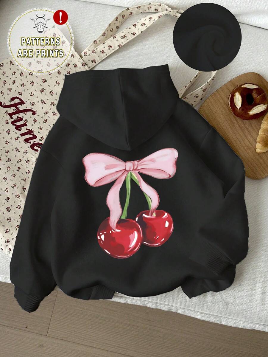 Sudadera con capucha informal de manga larga con estampado de cerezas para niñas preadolescentes, ideal para otoño e invierno.