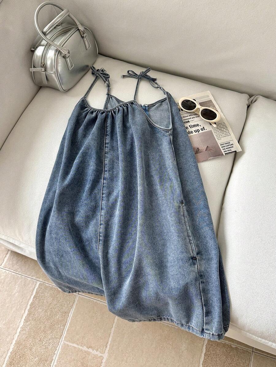 Mono de mezclilla azul holgado con lazo, estilo bohemio, cómodo y sencillo, para niñas preadolescentes, ropa de verano y primavera.