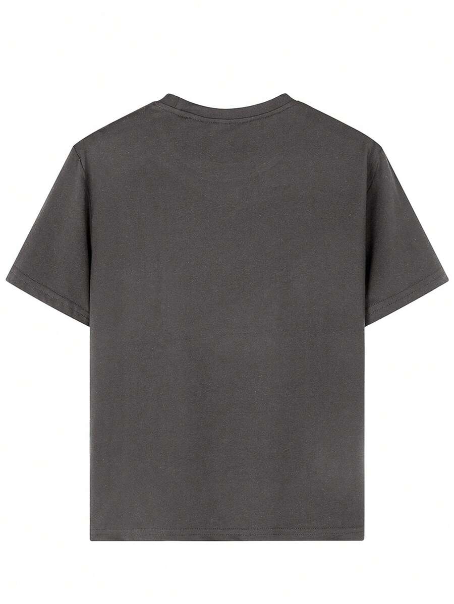 Camiseta informal de manga corta con cuello redondo y estampado de texto en inglés para niño preadolescente, color negro, para verano
