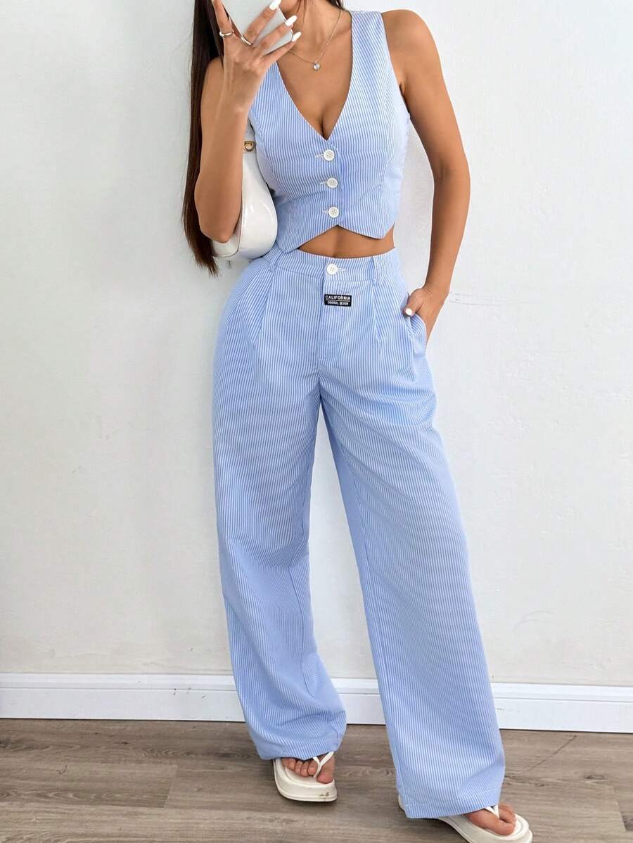 Conjunto de traje de lino de verano para mujer de EZwear, con chaleco y pantalón largo holgado, de un solo pecho y color liso
